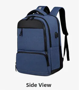 Detailed side view of navy business backpack showing USB port and breathable mesh straps
