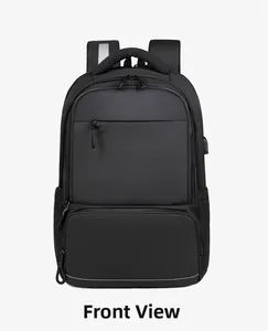 Front view of black large capacity laptop backpack with USB port and reflective strips