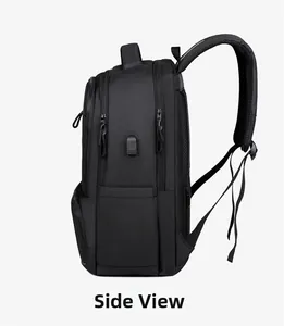 Side view of black business backpack showing USB charging port and breathable mesh straps