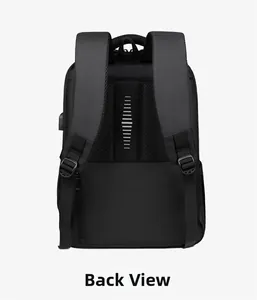 Detailed back view of a black business backpack showing breathable mesh straps and USB port