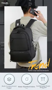 Detail of laptop backpack with USB charging port and water-resistant oxford fabric