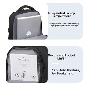 Detail of laptop compartment and document divider in black business travel backpack
