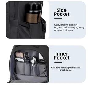 Detail view of business backpack with side elastic pocket and front organizer for accessories