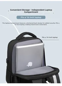 Detailed view of the 16-inch laptop compartment in a black Oxford fabric backpack