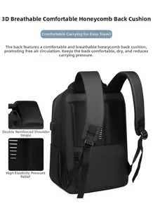Detail of breathable honeycomb back padding and reinforced shoulder straps on black backpack