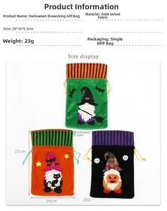 Three Halloween velvet drawstring gift bags with gnome, cat and pumpkin embroidery