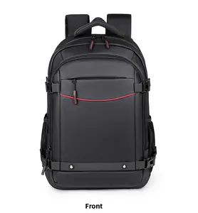 Vista frontal de mochila de negocios negra con detalles de cremallera rojos y hebilla