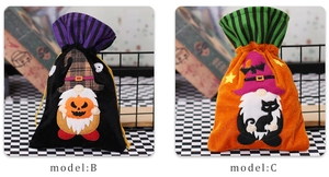 Detail of Halloween drawstring gift bags showing model B and model C gnome embroidery
