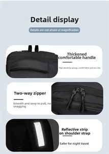 Detail of padded handle, smooth two-way zippers and reflective strips on the black backpack