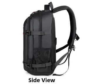 Vista lateral de la mochila de negocios negra con bolsillo de malla y correas ajustables