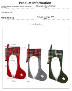Tableau des tailles détaillé pour chaussettes de Noël à carreaux avec gnome et mesures