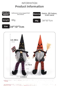 Detailed size specifications for Halloween long-legged gnome plush with broom ornament