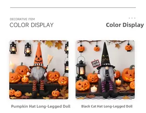 Detail of Halloween gnome figurines with pumpkin and black cat hats holding brooms