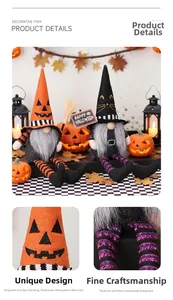 Detail of Halloween gnomes with long legs, sequins, and broom sticks decorations