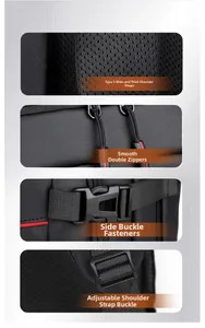 Detalle de correas acolchadas en S, cremalleras suaves y hebillas ajustables