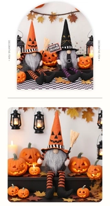 Detail of Halloween gnome plush with long striped legs, pumpkin hat and Happy Halloween sign
