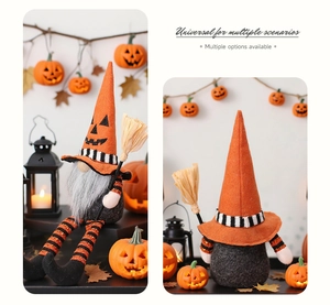 Halloween gnome plush with orange wizard hat and mini broom detail for festive decoration