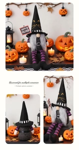 Three-angle view of a Halloween gnome plush with purple striped legs and a Happy Halloween sign