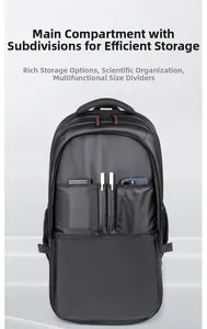 Detalle de los compartimentos internos y portabolígrafos en mochila negra laptop