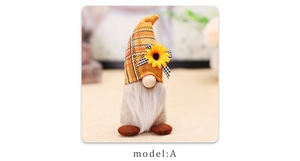 Macro detail of gnome plush with sunflower on orange plaid hat and long white beard