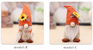 Close-up of harvest gnomes with orange knit hats, sunflowers, and plaid bows