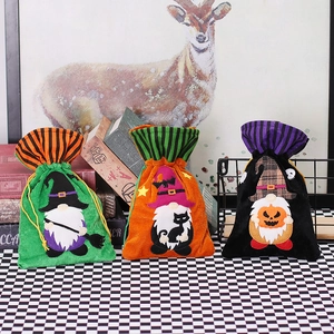 Halloween Gnome Drawstring Candy Bag Velvet Gift Pouch With Wizard Hat Pumpkin Black Cat Applique For Party Supplies