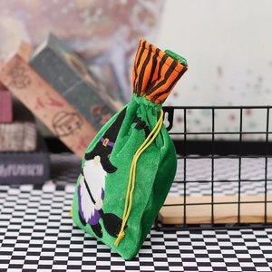 Green velvet Halloween gnome candy bag with wizard hat and striped drawstring top