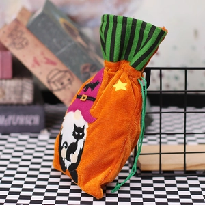 Halloween gnome drawstring candy gift bag in orange velvet with witch and black cat embroidery