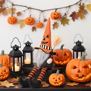 Halloween long-legged gnome plush with pumpkin hat and broom for home table decoration