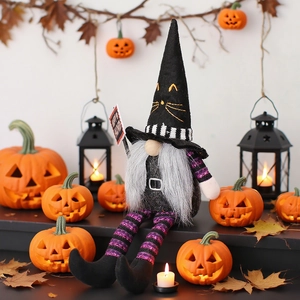 Halloween faceless gnome doll with wizard hat and striped legs for festive home decoration