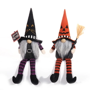 Pair of Halloween long-legged gnomes with witch hats and holiday signs on white background