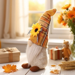 Autumn gnome plush with sunflower and orange plaid hat on a cozy sunlit windowsill