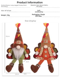 Detail specifications of Thanksgiving long-legged turkey gnome with wings and measurements