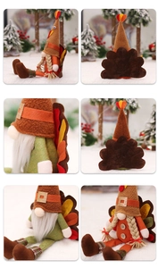 Detailed views of Thanksgiving turkey gnomes with festive autumn hats and long legs