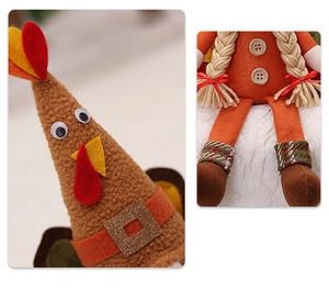 Detail of plush Thanksgiving turkey gnome featuring felt fabric, wood button, and plaid legs