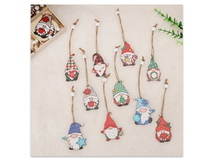 Detail of wooden Christmas gnome pendants with rustic jute ropes and decorative beads