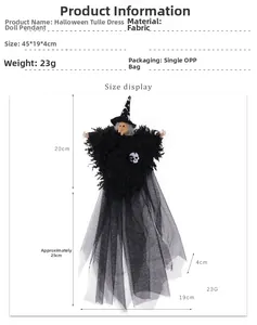 Size details of a Halloween witch ghost pendant featuring a black mesh dress and starry hat