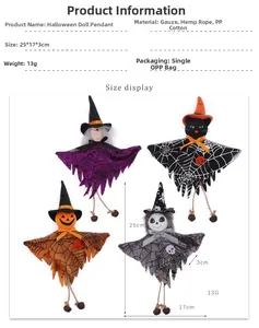 Detailed size chart for Halloween plush pendants featuring witch, black cat, pumpkin, and ghost