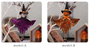 Detail of Halloween hanging dolls with witch and pumpkin designs and spiderweb patterns