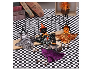 Halloween hanging plush set with ghost, black cat, pumpkin, and witch decorations
