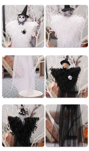 Detail view of Halloween witch and ghost dolls with spider elements and mesh skirts