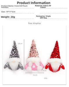 Detailed size display of sequined Christmas gnome pendants in grey, pink and red colors