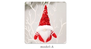 Detail of red Christmas gnome with sequins and white beard hanging on a tree branch