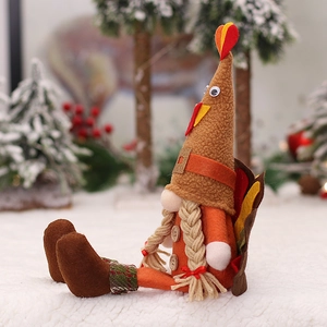 Thanksgiving turkey gnome plush doll with long legs and colorful wings on snow background