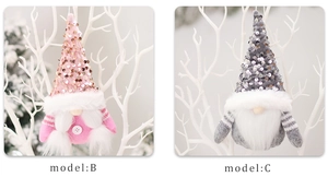 Detail of pink and gray sequin gnome dolls for Christmas festive fireplace decoration