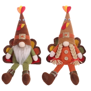Pair of Thanksgiving harvest turkey gnomes with wings and autumn plush decorations