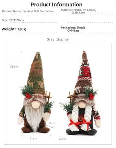Detail of Christmas Gnomes with knit reindeer hats and wooden ski gear on white background