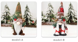 Detail of Christmas gnomes featuring reindeer knit hats, white beards, and pine branch accents