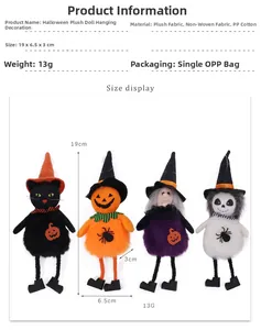 Vista detallada de colgantes de peluche de Halloween con gato, calabaza, bruja y esqueleto
