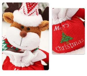 Detail of Christmas reindeer drawstring gift bag with plaid scarf and embroidery